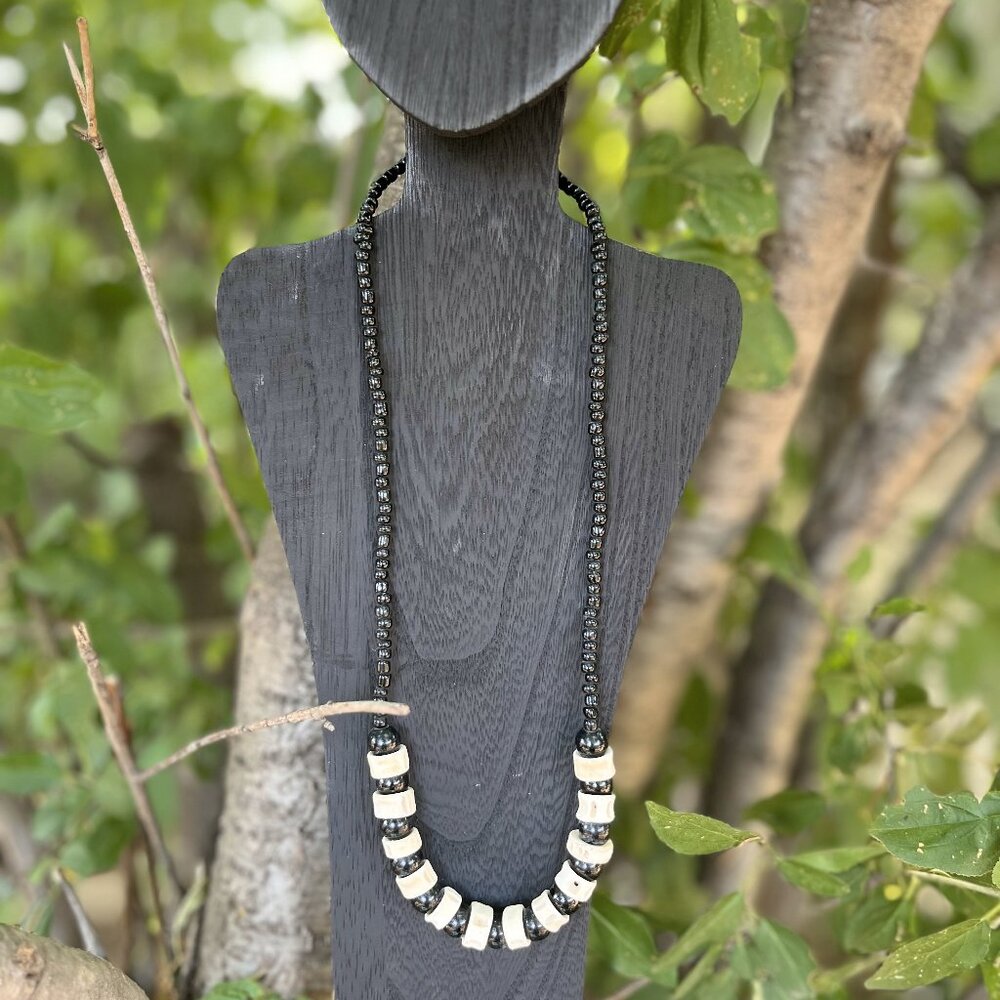 Authentic West African Handmade Ivory & Black Bead Necklace